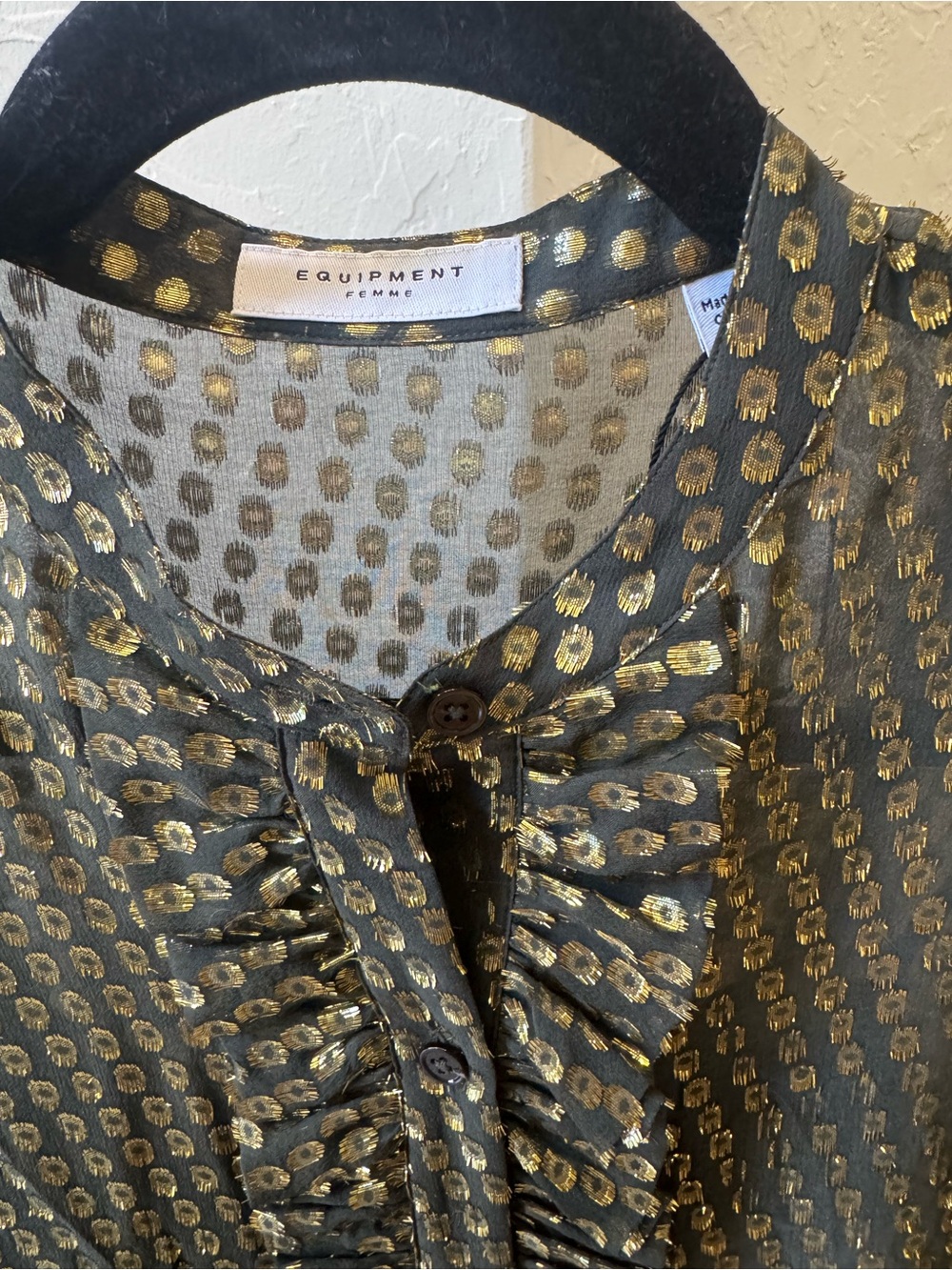 RARE Equipment Silk Dark Green and Gold Blouse with Ruffle Front and Cami